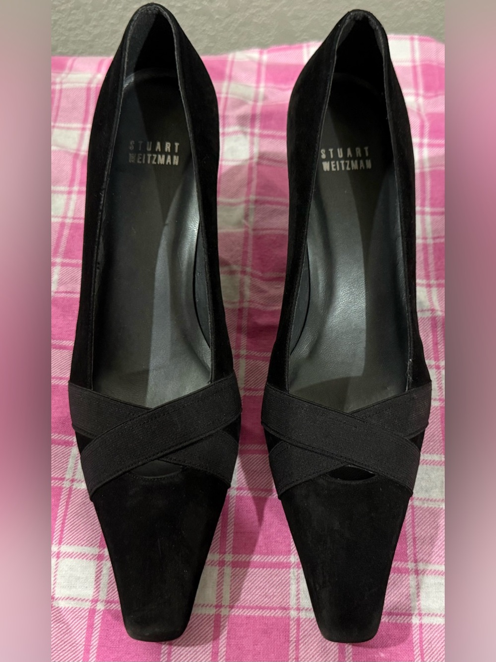 Stuart Weitzman Black Suede Pointed Toe Crisscross Pumps